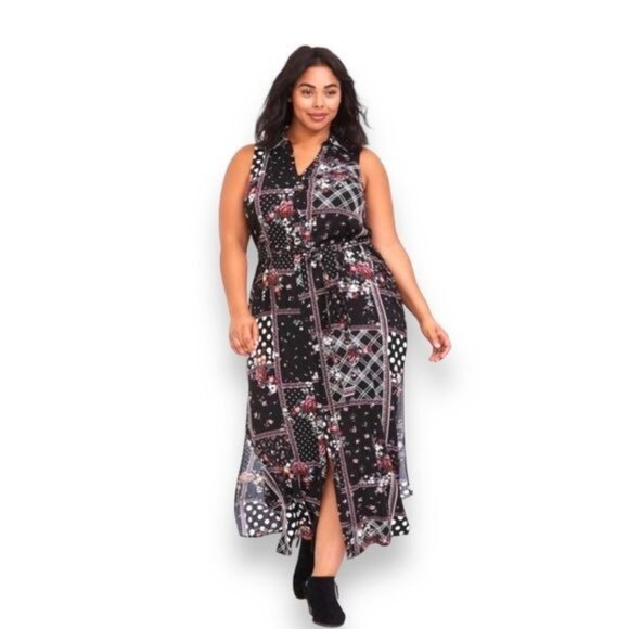 Torrid Women’s Patchwork Floral Challis Maxi Shirt Dress, Black, size 3 - Picture 1 of 11